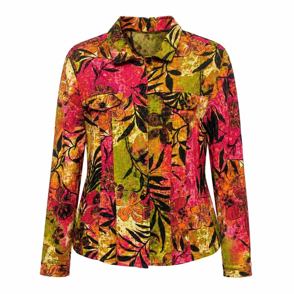 Chicos Size 2 Boho Tropical Floral Linen Trucker Jacket Women Large Artsy Retro